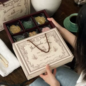 Vintage Paper Mooncake Box, 6-Grid, Rope Handle, Bakery Packaging for Asian Market