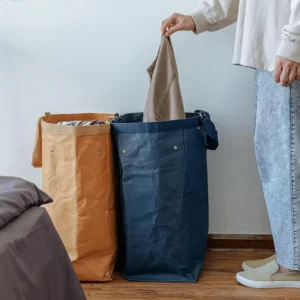 Washed Kraft Paper Foldable Storage Basket and Dirty Clothes Hamper for Bedroom or Hotel Use