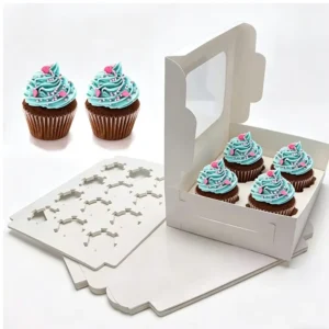 White Bakery Cupcake Boxes Sponge Lined Embossed Window Trays Matt Lamination UV Coating Custom Gold Foil Printed Handle
