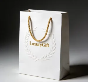 White Card Paper Bag with Embossed Laurel and Gold Foil Stamping for Gift Packaging