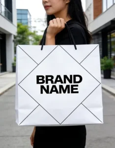 White Card Paper Bag with Geometric Line Print and Webbing or Rope Handle for Fashion Retail Packaging