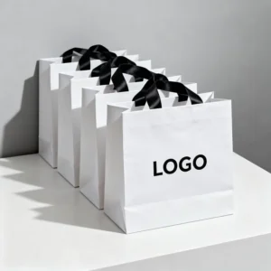 White Card Paper Clothing Bags with Grosgrain Ribbon Handles, Custom Color, Recyclable