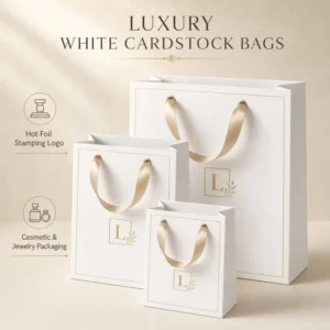 White Card Stock Paper Bags with Satin Ribbon Handles and Hot Foil Stamping for Cosmetics and Jewelry
