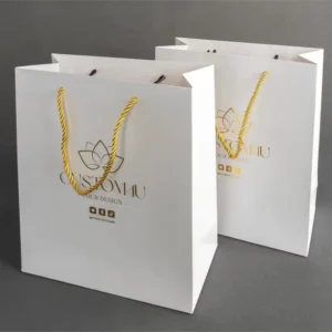 White Cardboard Gift Bag with Custom Logo, Drawstring Handle, and Hot Stamping