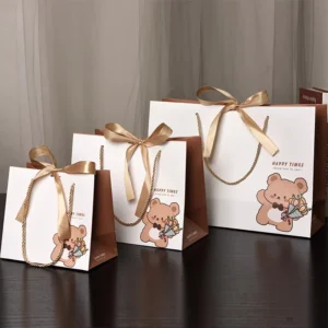 White Cardboard Reusable Children’s Day Handbag Candy Paper Bag with Ribbon