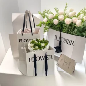 White Cardstock Shopping Bags with Custom Logo, Ribbon Handle, Boutique Packaging