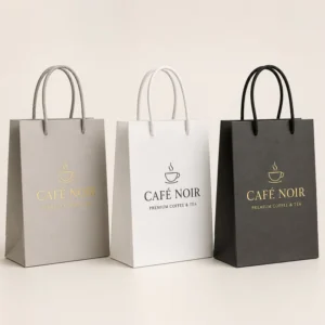 White Cardstock Shopping Bags with Sturdy Handles and Gold Foil Stamping for Retail