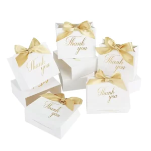 White Gold Foil Thank You Paper Gift Boxes Satin Bow Mini Party Favor Boxes for Baby Shower Wedding Candy
