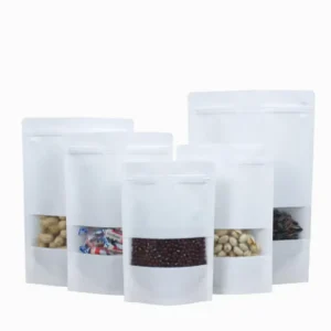 White Kraft Paper Bag with Window, Flat Bottom, Stand-Up, Zipper Lock, Food Packaging, Laminated