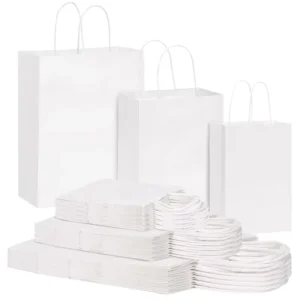 White Kraft Paper Bags with Handles for Birthday, Wedding, Grocery, Retail and Shopping