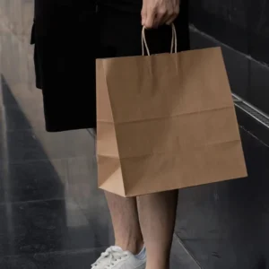 White Kraft Paper Shopping Bags With Flat Handles, Eco-Friendly Recyclable Custom Printing For Apparel Store Gift Packaging