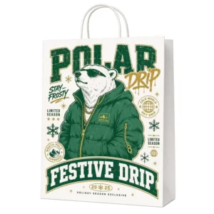 White Kraft Recycled Christmas-Themed Paper Bags with Handles