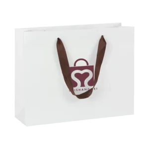 White Matte Art Paper Bag with Chocolate Grosgrain Handle for Clothing and Shoe Packaging