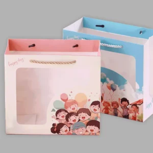 White Paper Bags with Transparent Window and Multi-Color Kids Pattern Pink Blue Top Edge Black Handle for Gift Packaging