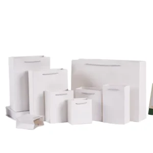 White Paper Gift and Shopping Bags with Black and Red Logo Printing
