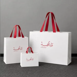 White Paper Shopping Bag Custom Arabic Logo Red Satin Ribbon for Middle East Boutique Shop