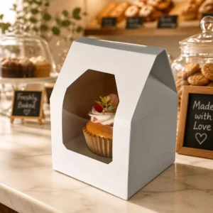 White Paperboard Cupcake Box with Clear Window, Handle and 6-Cupcake Capacity