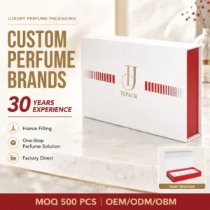 White Slide-Off Perfume Box with Red Side Accent and Gold Logo Square Packaging Box