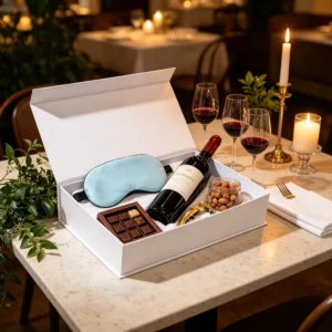 White Wine Gift Box With Red Wine Bottle Gold Corkscrew Almonds Jar Glasses Taper Candle Packaging Set