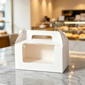 White and Brown Food-Grade Takeaway Bakery Paper Box with Handle and Clear Window for Parties and Weddings