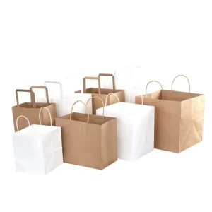 White and Brown Kraft Paper Bag With Handles and Custom Logo for Food, Gifts, Crafts, and Shopping