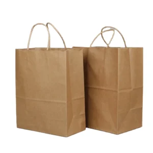 White and Brown Recyclable Kraft Paper Bags with Handles for Restaurant Takeaway and Fast Food
